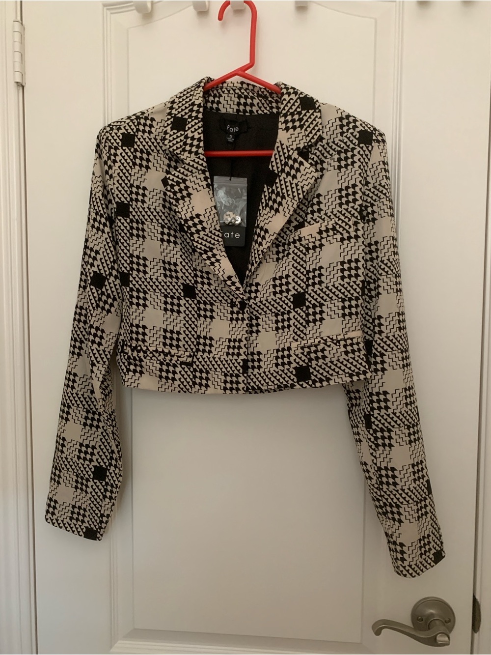 Fate Houndstooth Cropped Blazer Jacket Black Tan Tweed Plaid Small NWT